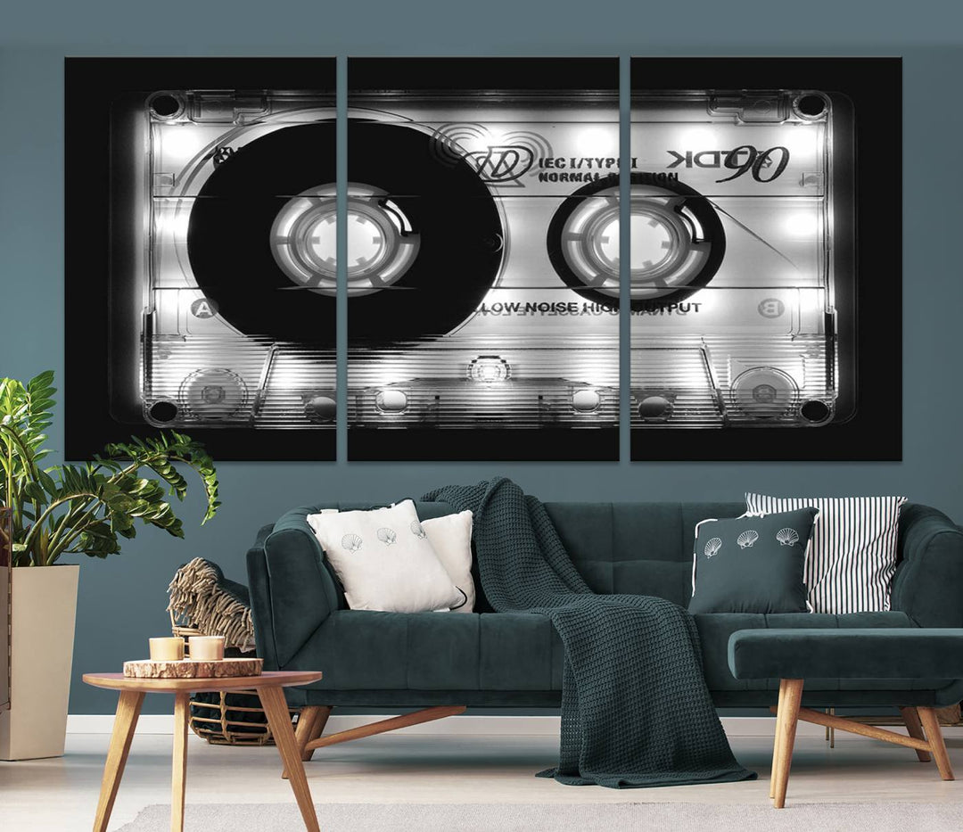 The Shining Audio Cassette Retro Music Wall Art Canvas Print, featuring museum-quality canvases with a UV-protective coating, is elegantly displayed. Enjoy free shipping on this stylish centerpiece.