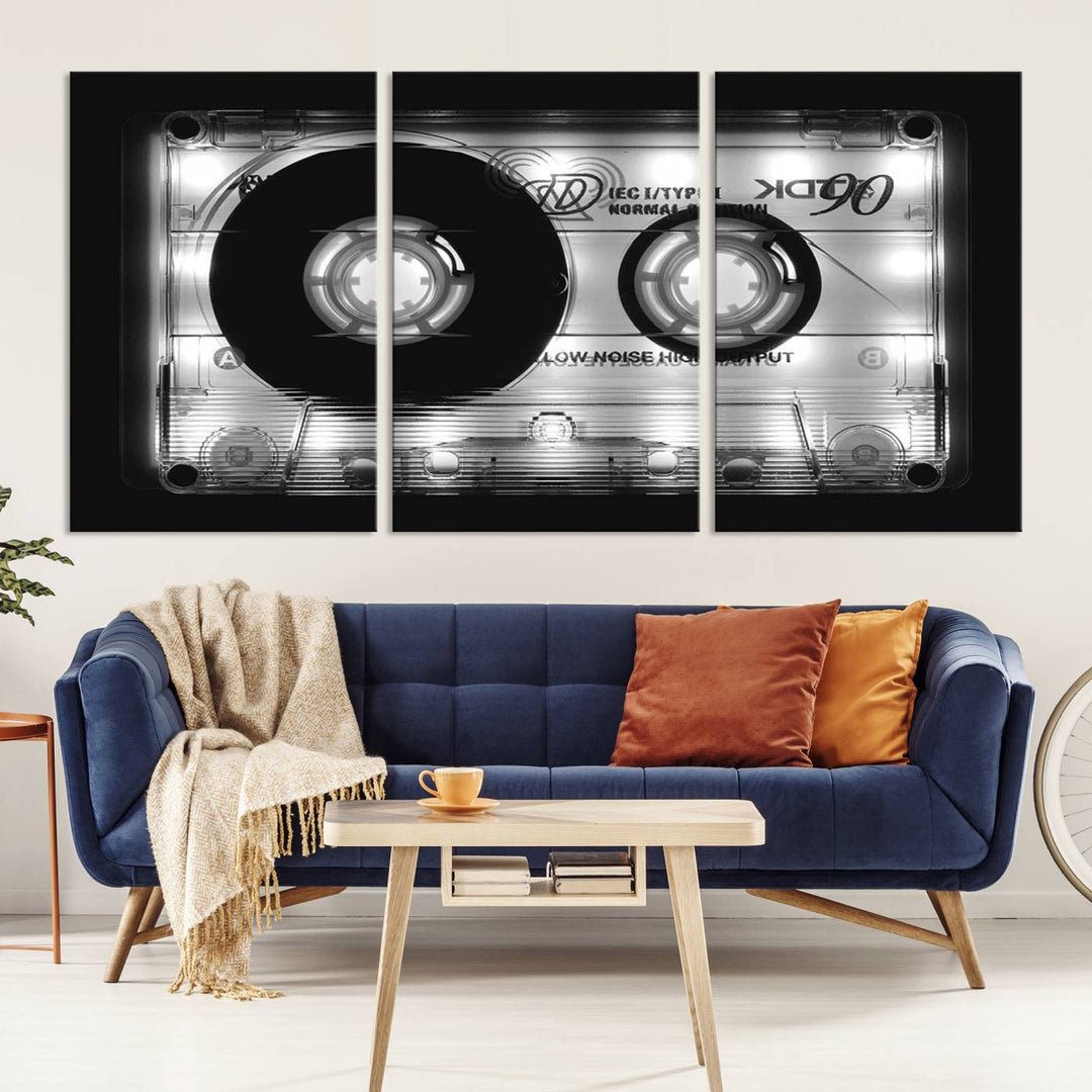 The Shining Audio Cassette Retro Music Wall Art Canvas Print, featuring museum-quality canvases with a UV-protective coating, is elegantly displayed. Enjoy free shipping on this stylish centerpiece.