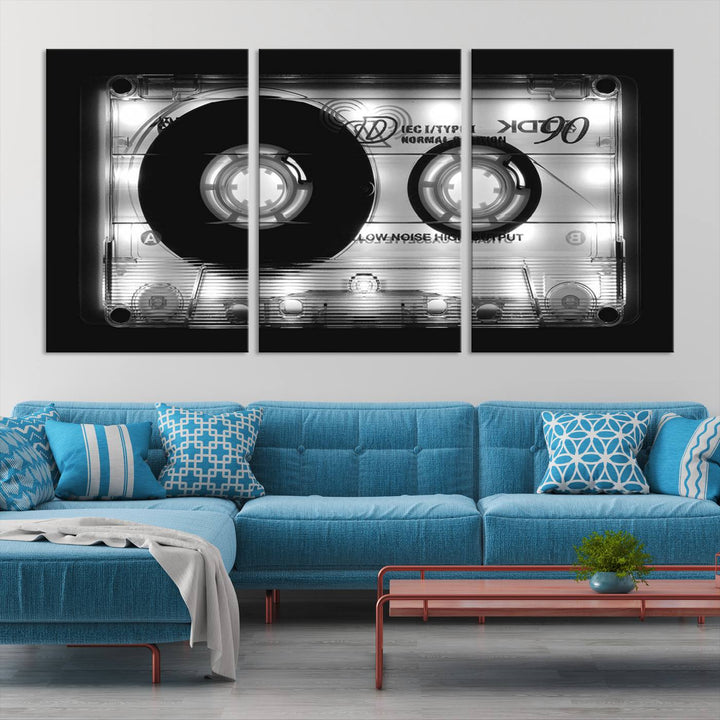 The Shining Audio Cassette Retro Music Wall Art Canvas Print, featuring museum-quality canvases with a UV-protective coating, is elegantly displayed. Enjoy free shipping on this stylish centerpiece.