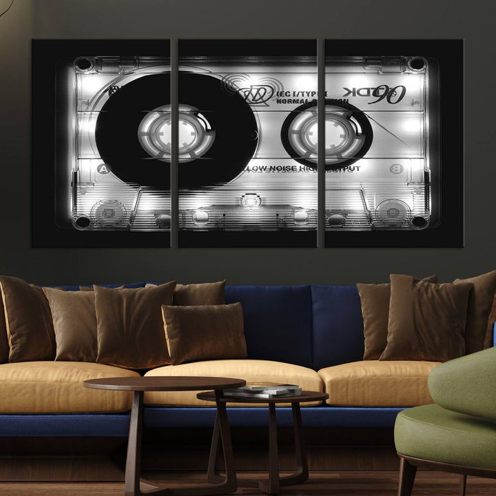 The Shining Audio Cassette Retro Music Wall Art Canvas Print, featuring museum-quality canvases with a UV-protective coating, is elegantly displayed. Enjoy free shipping on this stylish centerpiece.