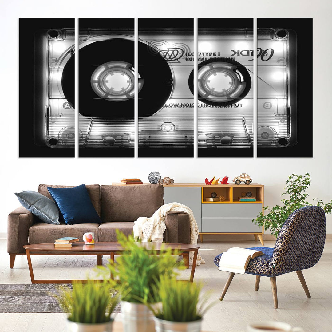 The Shining Audio Cassette Retro Music Wall Art Canvas Print, featuring museum-quality canvases with a UV-protective coating, is elegantly displayed. Enjoy free shipping on this stylish centerpiece.