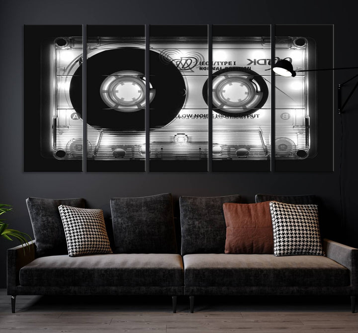 The Shining Audio Cassette Retro Music Wall Art Canvas Print, featuring museum-quality canvases with a UV-protective coating, is elegantly displayed. Enjoy free shipping on this stylish centerpiece.