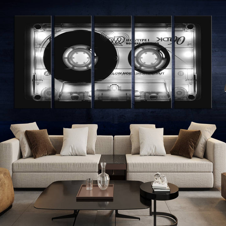 The Shining Audio Cassette Retro Music Wall Art Canvas Print, featuring museum-quality canvases with a UV-protective coating, is elegantly displayed. Enjoy free shipping on this stylish centerpiece.