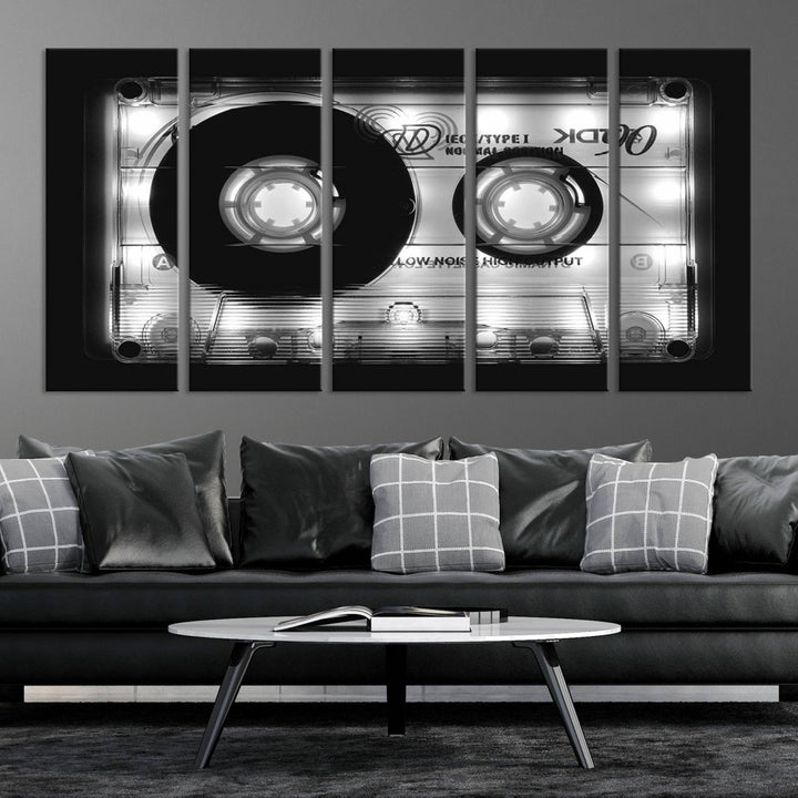 The Shining Audio Cassette Retro Music Wall Art Canvas Print, featuring museum-quality canvases with a UV-protective coating, is elegantly displayed. Enjoy free shipping on this stylish centerpiece.