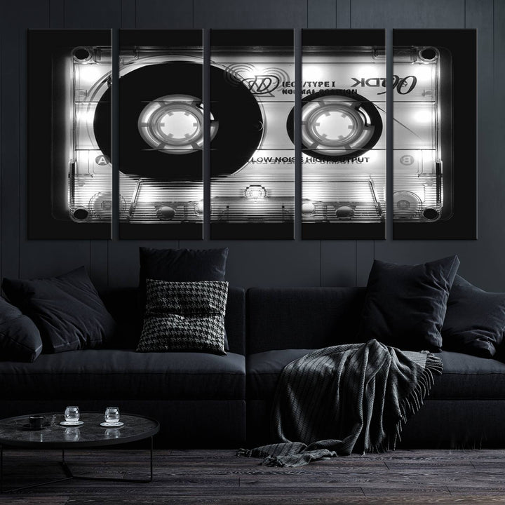 The Shining Audio Cassette Retro Music Wall Art Canvas Print, featuring museum-quality canvases with a UV-protective coating, is elegantly displayed. Enjoy free shipping on this stylish centerpiece.