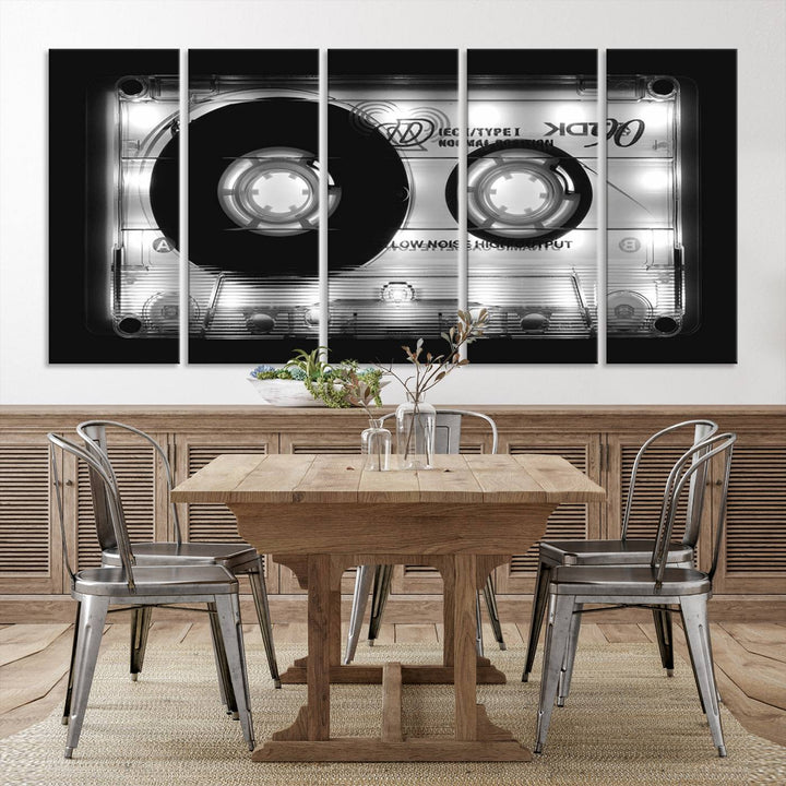 The Shining Audio Cassette Retro Music Wall Art Canvas Print, featuring museum-quality canvases with a UV-protective coating, is elegantly displayed. Enjoy free shipping on this stylish centerpiece.