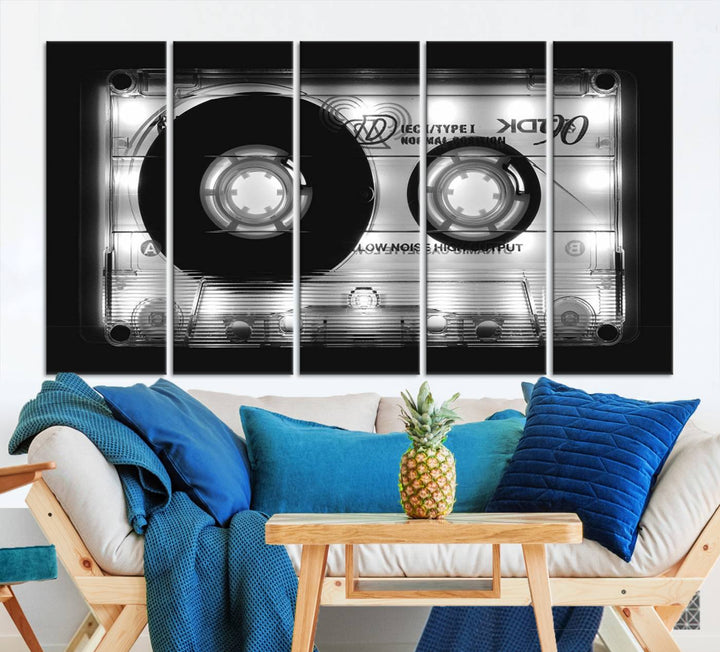 The Shining Audio Cassette Retro Music Wall Art Canvas Print, featuring museum-quality canvases with a UV-protective coating, is elegantly displayed. Enjoy free shipping on this stylish centerpiece.