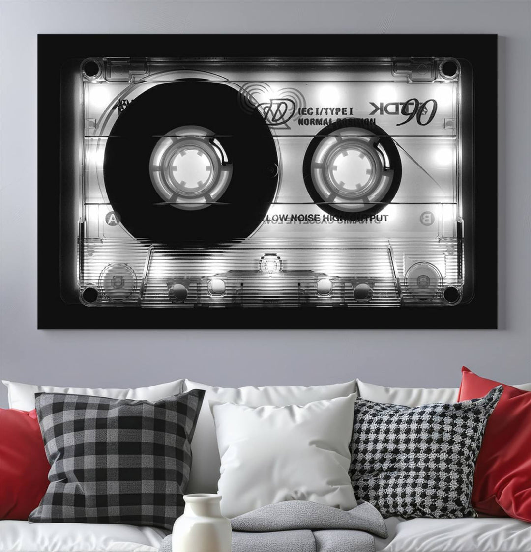 The Shining Audio Cassette Retro Music Wall Art Canvas Print, featuring museum-quality canvases with a UV-protective coating, is elegantly displayed. Enjoy free shipping on this stylish centerpiece.