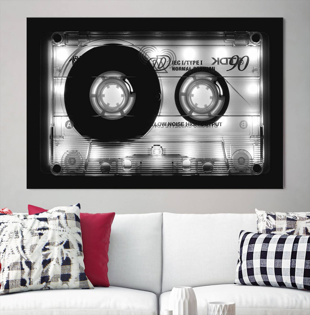 The Shining Audio Cassette Retro Music Wall Art Canvas Print, featuring museum-quality canvases with a UV-protective coating, is elegantly displayed. Enjoy free shipping on this stylish centerpiece.