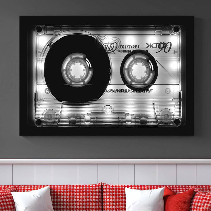 The Shining Audio Cassette Retro Music Wall Art Canvas Print, featuring museum-quality canvases with a UV-protective coating, is elegantly displayed. Enjoy free shipping on this stylish centerpiece.