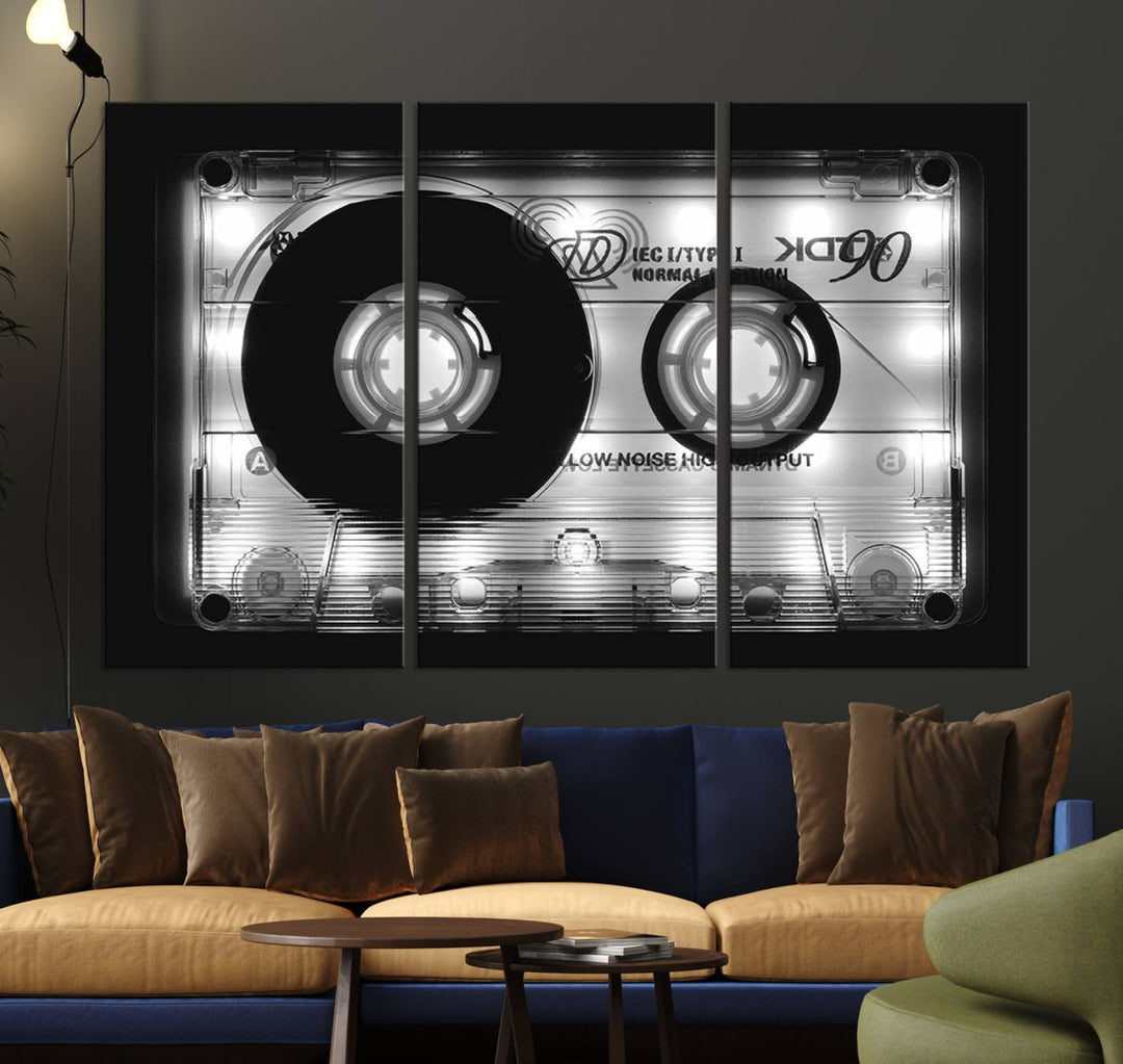 The Shining Audio Cassette Retro Music Wall Art Canvas Print, featuring museum-quality canvases with a UV-protective coating, is elegantly displayed. Enjoy free shipping on this stylish centerpiece.