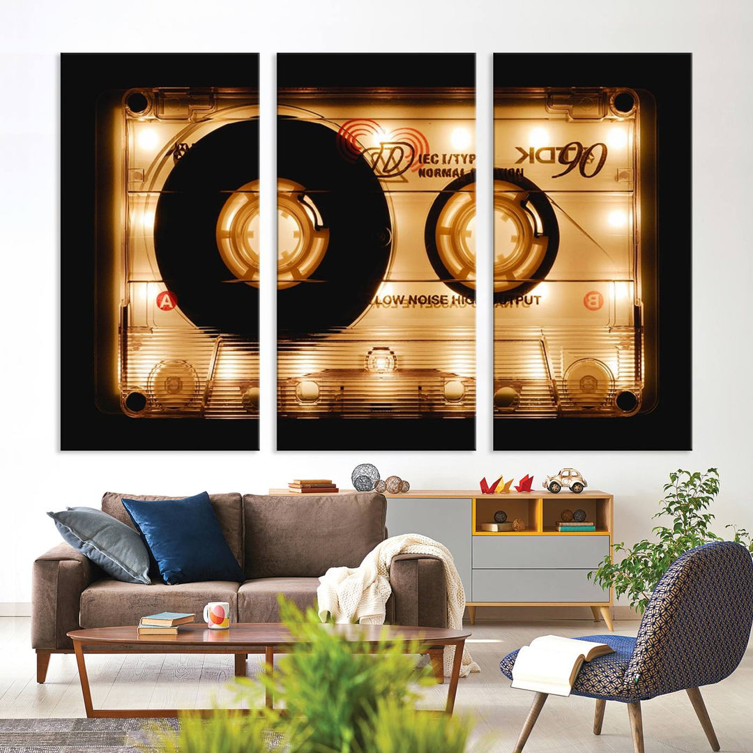 The Shining Audio Cassette Retro Music Wall Art Canvas Print, featuring a vintage cassette tape design and protected with a UV coating on museum-quality canvases, creates an impressive visual impact.