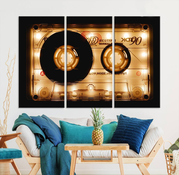 The Shining Audio Cassette Retro Music Wall Art Canvas Print, featuring a vintage cassette tape design and protected with a UV coating on museum-quality canvases, creates an impressive visual impact.