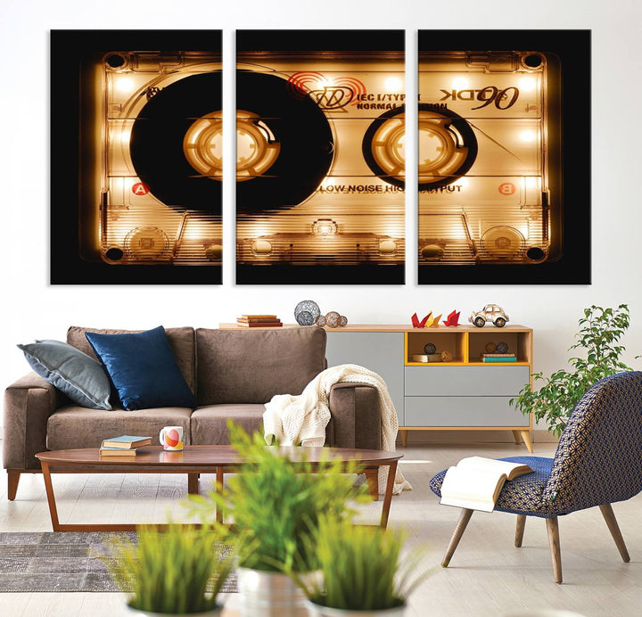 The Shining Audio Cassette Retro Music Wall Art Canvas Print, featuring a vintage cassette tape design and protected with a UV coating on museum-quality canvases, creates an impressive visual impact.