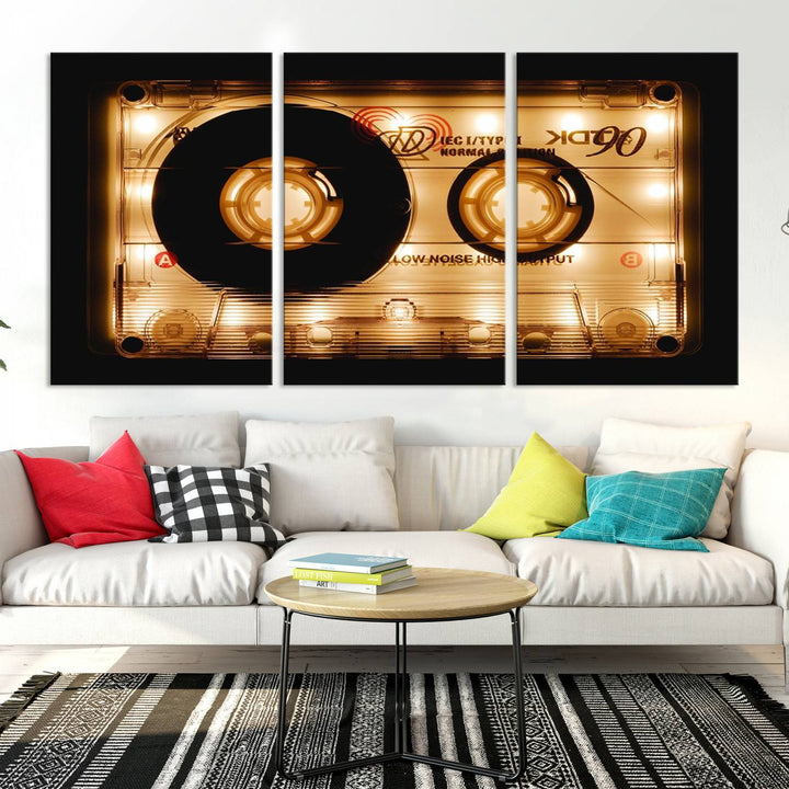 The Shining Audio Cassette Retro Music Wall Art Canvas Print, featuring a vintage cassette tape design and protected with a UV coating on museum-quality canvases, creates an impressive visual impact.