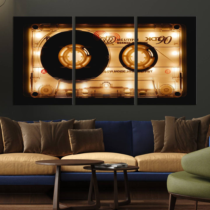 The Shining Audio Cassette Retro Music Wall Art Canvas Print, featuring a vintage cassette tape design and protected with a UV coating on museum-quality canvases, creates an impressive visual impact.