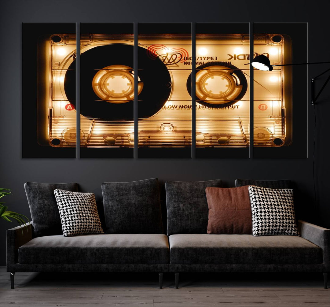 The Shining Audio Cassette Retro Music Wall Art Canvas Print, featuring a vintage cassette tape design and protected with a UV coating on museum-quality canvases, creates an impressive visual impact.