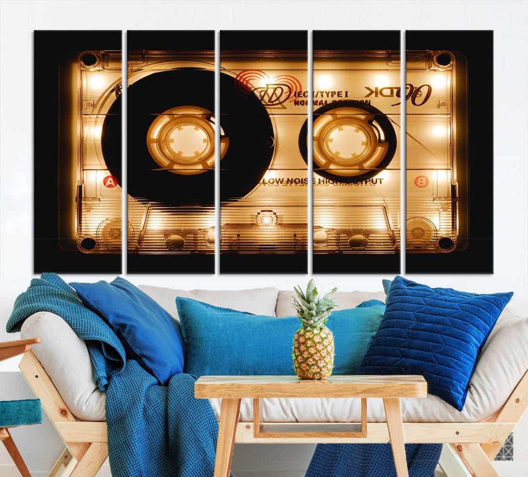 The Shining Audio Cassette Retro Music Wall Art Canvas Print, featuring a vintage cassette tape design and protected with a UV coating on museum-quality canvases, creates an impressive visual impact.