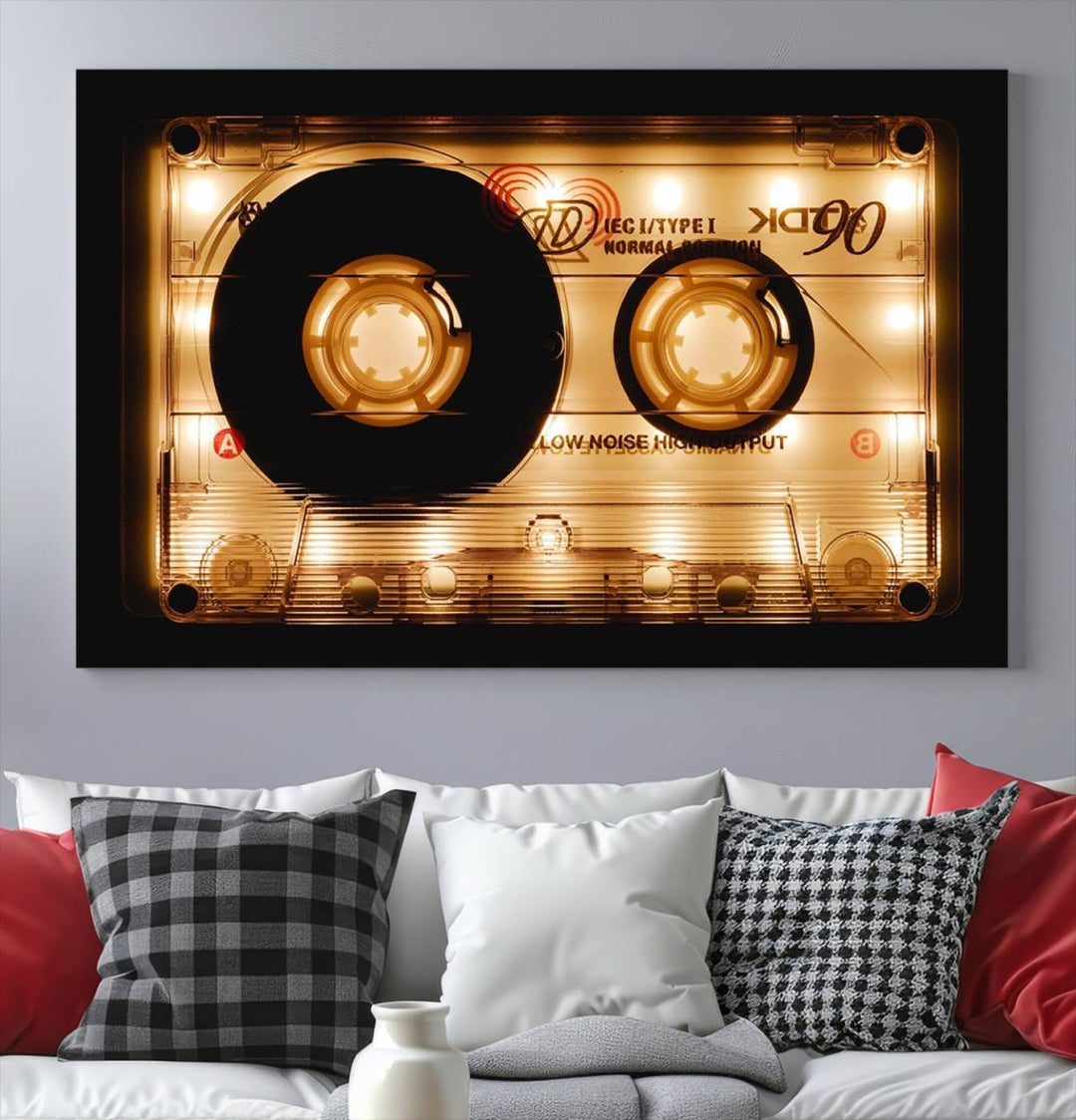 The Shining Audio Cassette Retro Music Wall Art Canvas Print, featuring a vintage cassette tape design and protected with a UV coating on museum-quality canvases, creates an impressive visual impact.