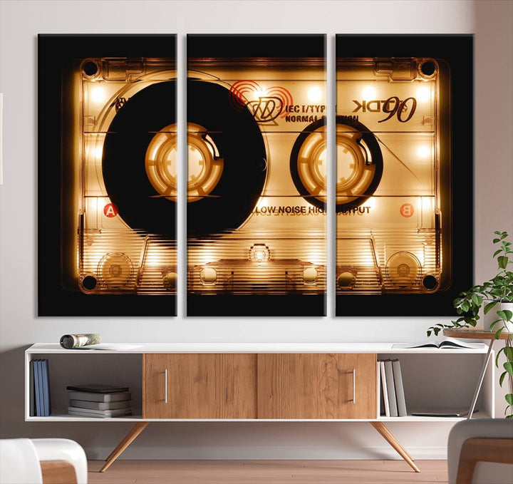 The Shining Audio Cassette Retro Music Wall Art Canvas Print, featuring a vintage cassette tape design and protected with a UV coating on museum-quality canvases, creates an impressive visual impact.