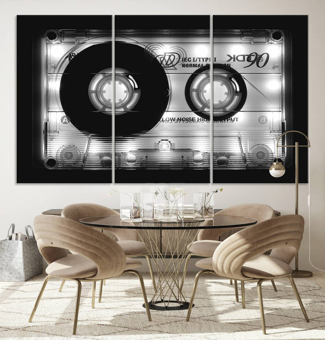 The Shining Audio Cassette Retro Music Wall Art Canvas Print, featuring museum-quality canvases with a UV-protective coating, is elegantly displayed. Enjoy free shipping on this stylish centerpiece.