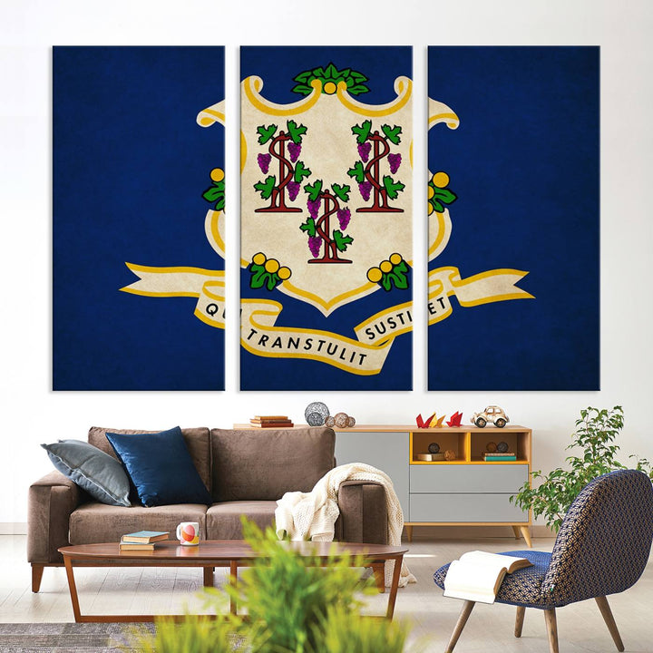 A "Size Connecticut States Flag Wall Art Canvas Print" hangs on the wall, its vibrancy preserved by a UV-protective coating.