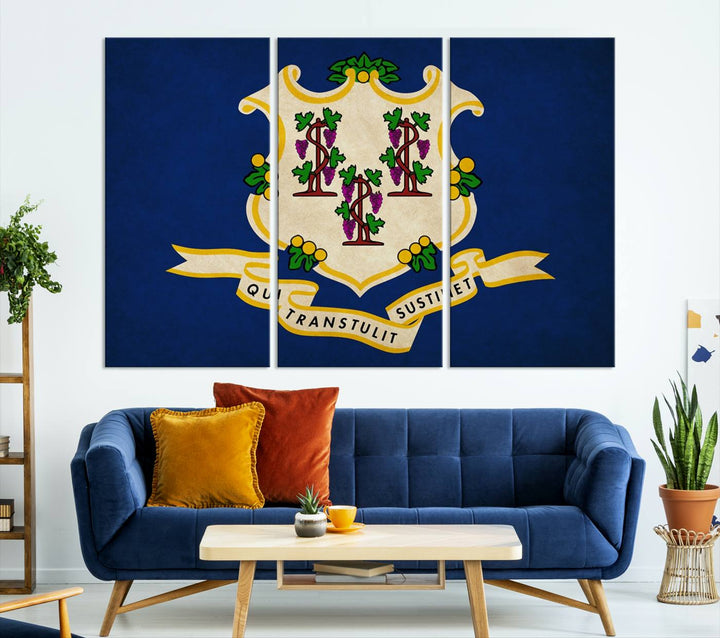 A "Size Connecticut States Flag Wall Art Canvas Print" hangs on the wall, its vibrancy preserved by a UV-protective coating.