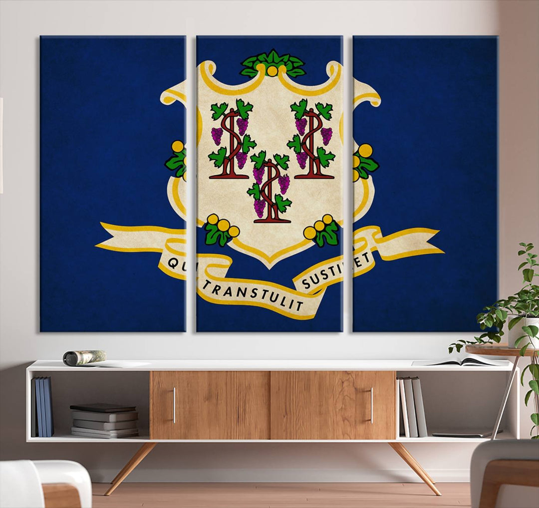 A "Size Connecticut States Flag Wall Art Canvas Print" hangs on the wall, its vibrancy preserved by a UV-protective coating.