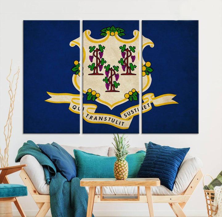 A "Size Connecticut States Flag Wall Art Canvas Print" hangs on the wall, its vibrancy preserved by a UV-protective coating.