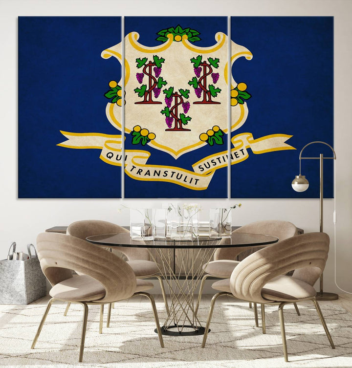 A "Size Connecticut States Flag Wall Art Canvas Print" hangs on the wall, its vibrancy preserved by a UV-protective coating.