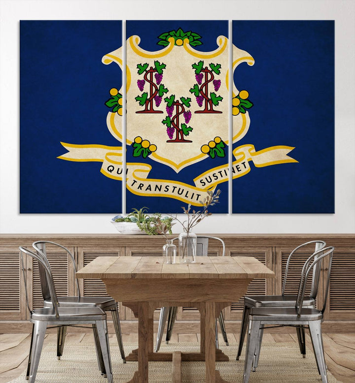 A "Size Connecticut States Flag Wall Art Canvas Print" hangs on the wall, its vibrancy preserved by a UV-protective coating.