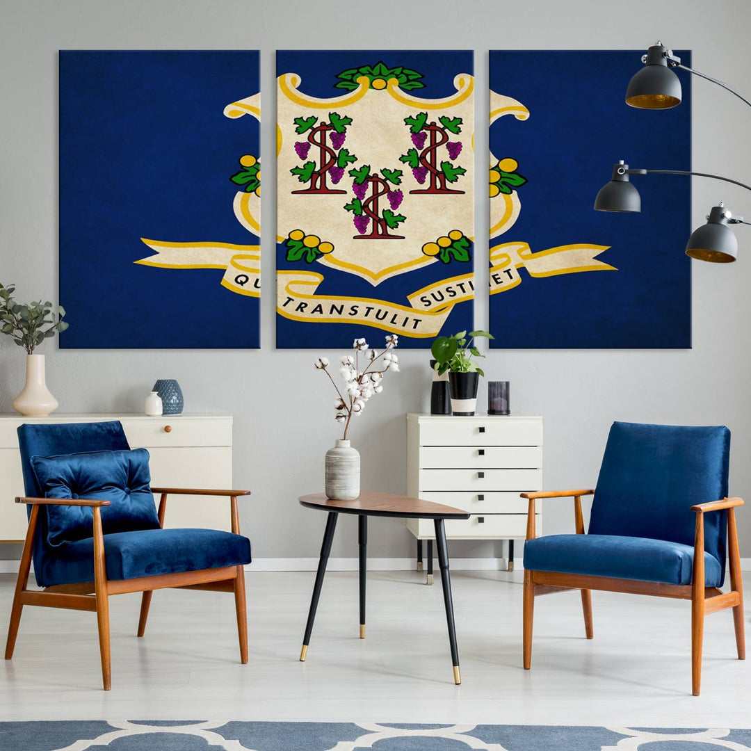 A "Size Connecticut States Flag Wall Art Canvas Print" hangs on the wall, its vibrancy preserved by a UV-protective coating.