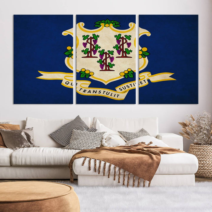 A "Size Connecticut States Flag Wall Art Canvas Print" hangs on the wall, its vibrancy preserved by a UV-protective coating.