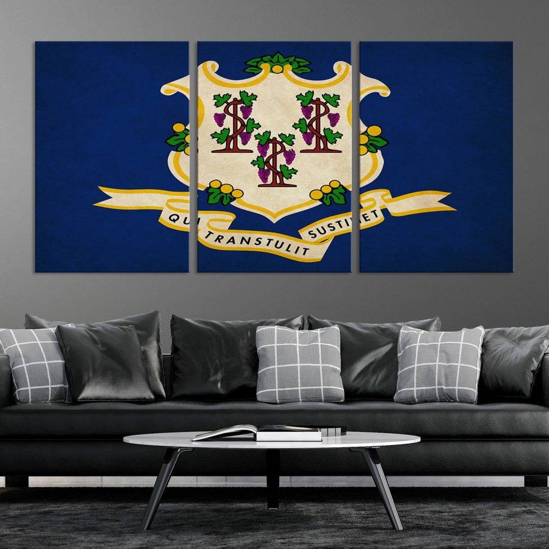 A "Size Connecticut States Flag Wall Art Canvas Print" hangs on the wall, its vibrancy preserved by a UV-protective coating.