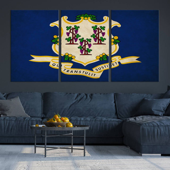 A "Size Connecticut States Flag Wall Art Canvas Print" hangs on the wall, its vibrancy preserved by a UV-protective coating.