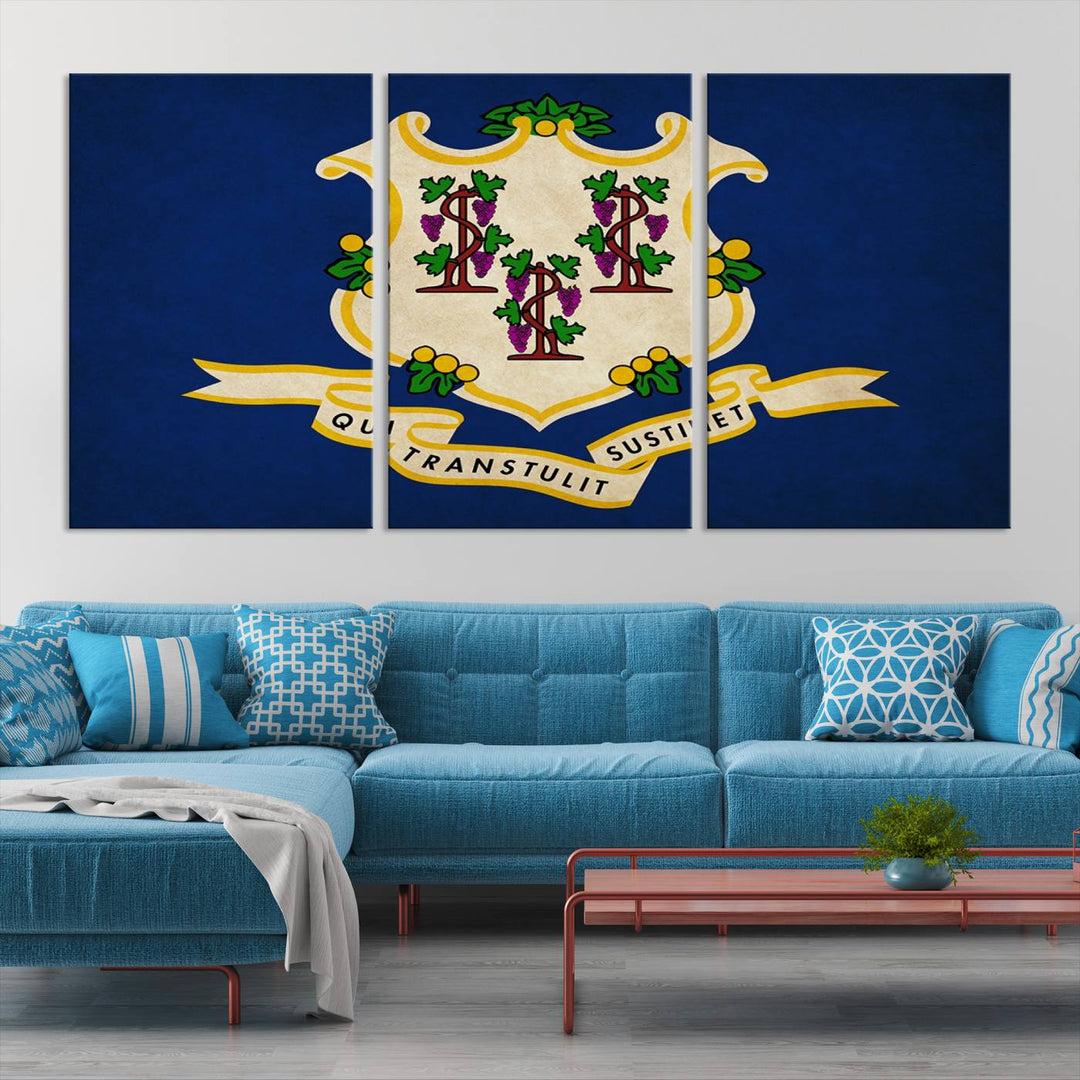 A "Size Connecticut States Flag Wall Art Canvas Print" hangs on the wall, its vibrancy preserved by a UV-protective coating.