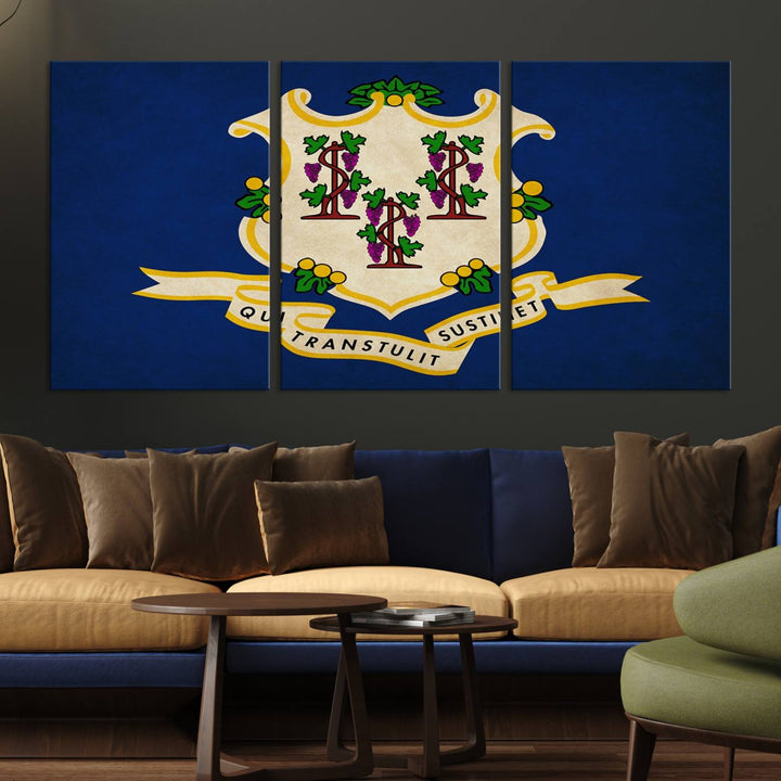 A "Size Connecticut States Flag Wall Art Canvas Print" hangs on the wall, its vibrancy preserved by a UV-protective coating.