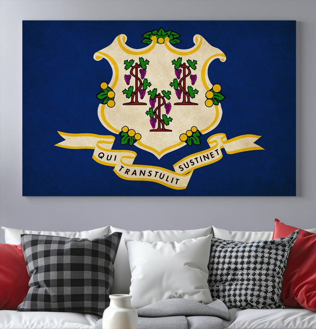 A "Size Connecticut States Flag Wall Art Canvas Print" hangs on the wall, its vibrancy preserved by a UV-protective coating.