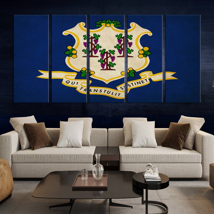 A "Size Connecticut States Flag Wall Art Canvas Print" hangs on the wall, its vibrancy preserved by a UV-protective coating.