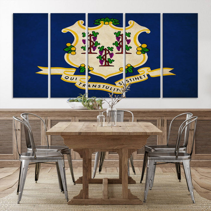 A "Size Connecticut States Flag Wall Art Canvas Print" hangs on the wall, its vibrancy preserved by a UV-protective coating.