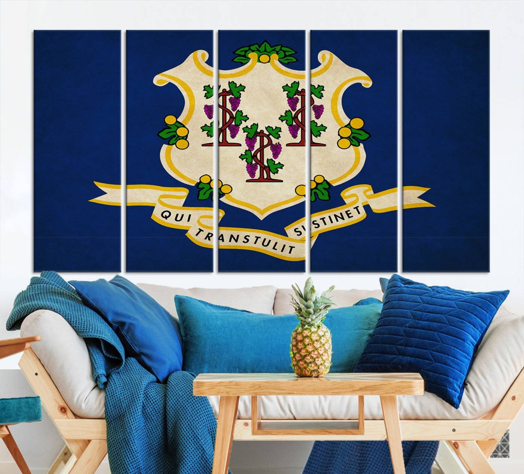 A "Size Connecticut States Flag Wall Art Canvas Print" hangs on the wall, its vibrancy preserved by a UV-protective coating.