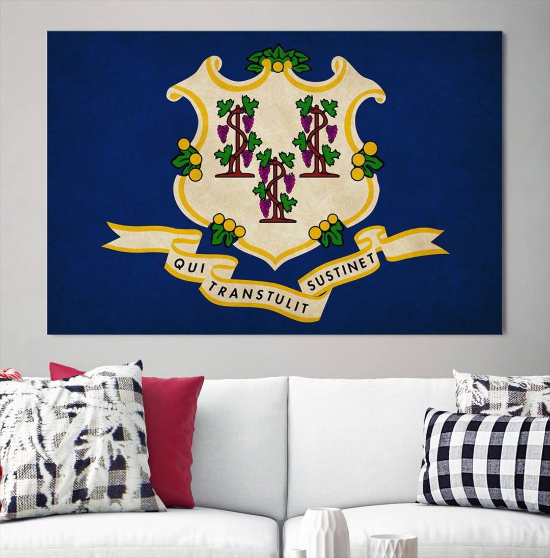 A "Size Connecticut States Flag Wall Art Canvas Print" hangs on the wall, its vibrancy preserved by a UV-protective coating.