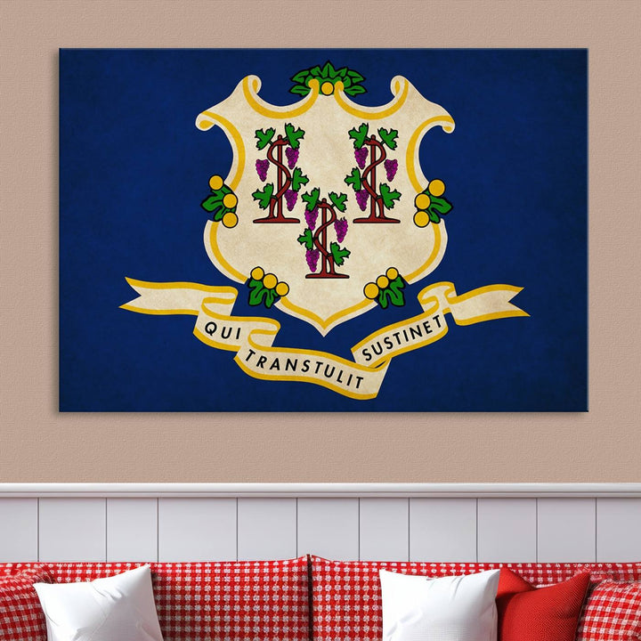 A "Size Connecticut States Flag Wall Art Canvas Print" hangs on the wall, its vibrancy preserved by a UV-protective coating.