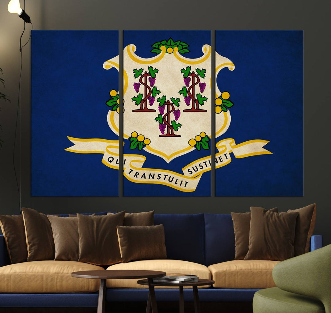 A "Size Connecticut States Flag Wall Art Canvas Print" hangs on the wall, its vibrancy preserved by a UV-protective coating.