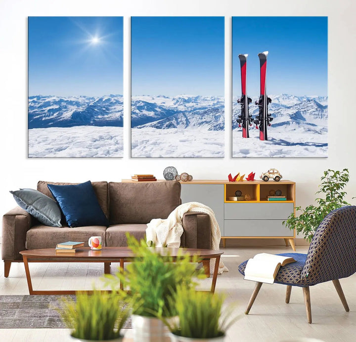 The Ski Season Snow Wall Art Canvas Print, crafted from museum-quality polycotton and featuring three panels, beautifully captures a snowy mountain landscape with skis. These gallery-wrapped canvas prints create an elegant display.