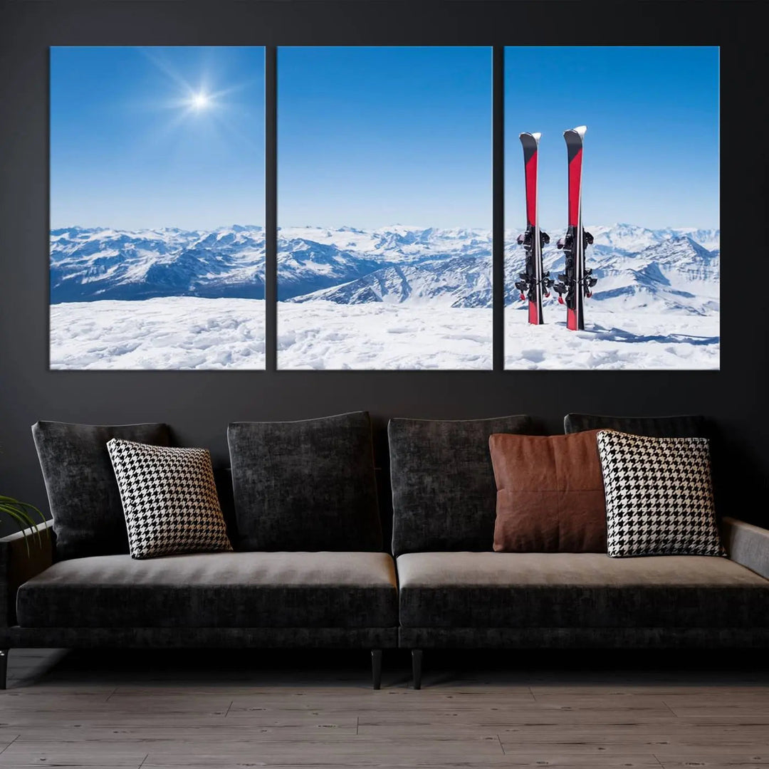 The Ski Season Snow Wall Art Canvas Print, crafted from museum-quality polycotton and featuring three panels, beautifully captures a snowy mountain landscape with skis. These gallery-wrapped canvas prints create an elegant display.