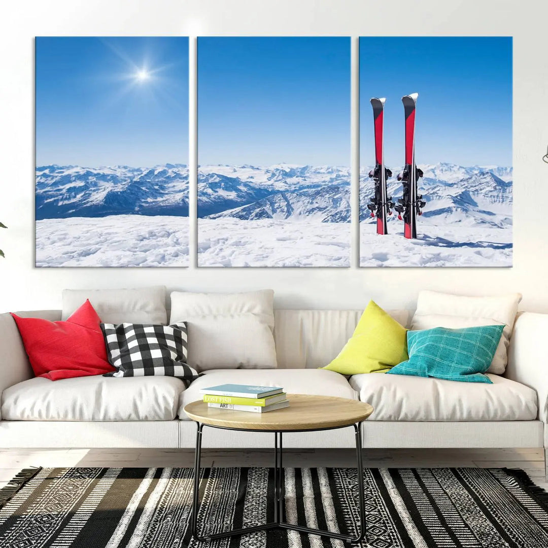 The Ski Season Snow Wall Art Canvas Print, crafted from museum-quality polycotton and featuring three panels, beautifully captures a snowy mountain landscape with skis. These gallery-wrapped canvas prints create an elegant display.