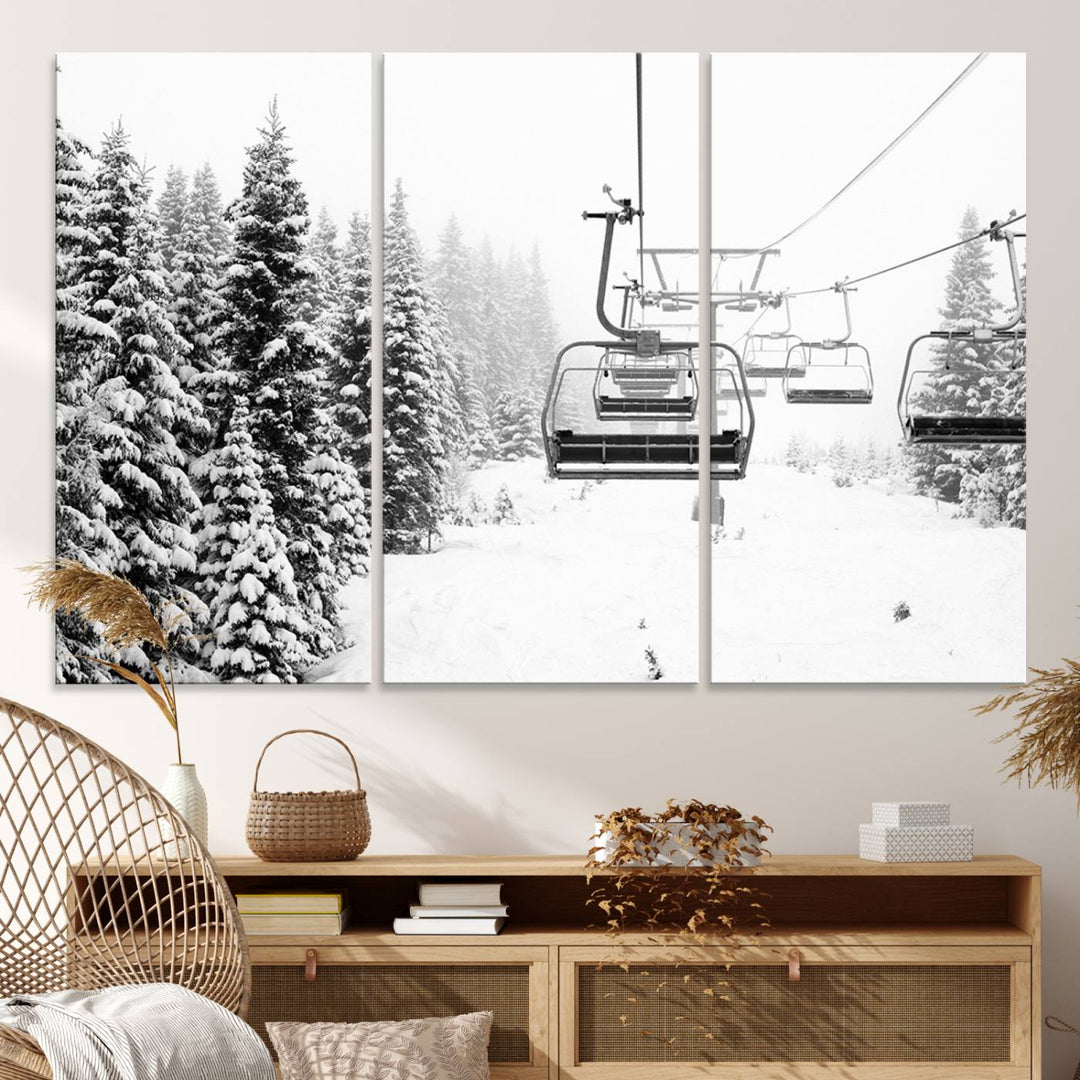 The Ski Wall Art, featuring the "Ski Lift Wall Art Canvas Print," presents a snowy scene with snow-covered spruce trees and is elegantly showcased on a dark green wall.