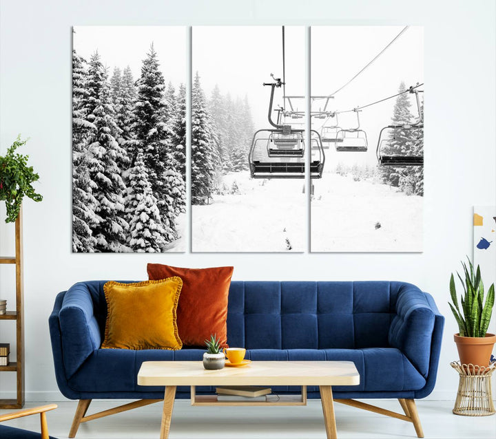 The Ski Wall Art, featuring the "Ski Lift Wall Art Canvas Print," presents a snowy scene with snow-covered spruce trees and is elegantly showcased on a dark green wall.