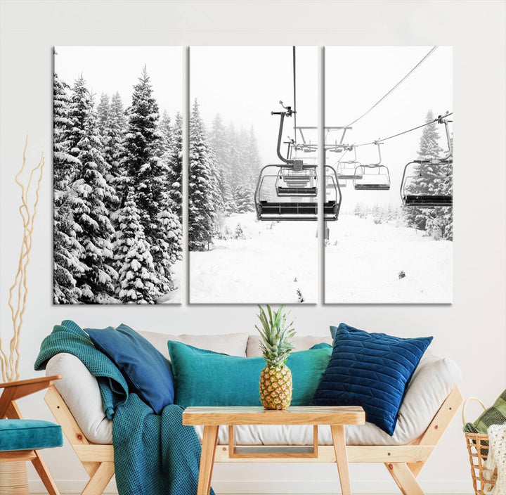 The Ski Wall Art, featuring the "Ski Lift Wall Art Canvas Print," presents a snowy scene with snow-covered spruce trees and is elegantly showcased on a dark green wall.